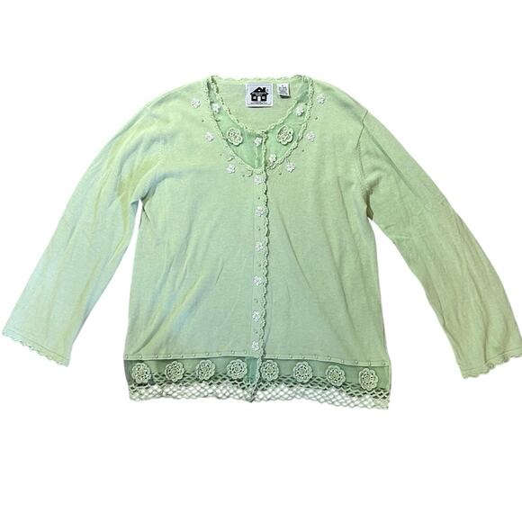 Storybrook Knots Women’s Sz M Green VTG Embroidered Cardigan Sweater Knit Beaded - Picture 1 of 11